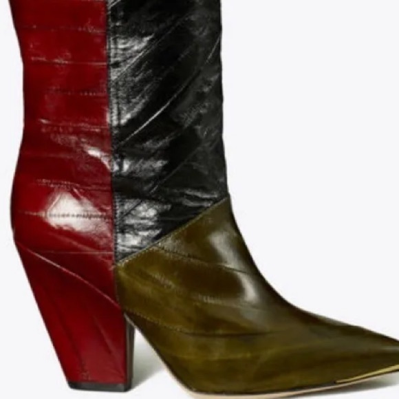 TORY BURCH LILA TALL BOOTS EEL LEATHER COLOR OLIVE/BLK/WINE 90MM HEEL US 8 1/2 - Picture 5 of 6